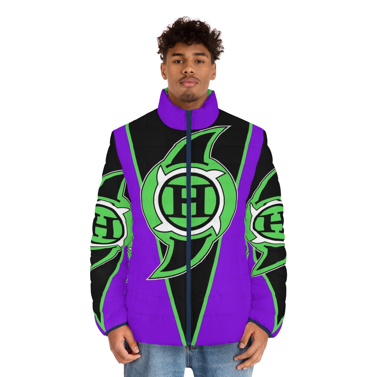 A classic purple puffer jacket with a hurricane logo, perfect for wrestling fans and cosplay - men front