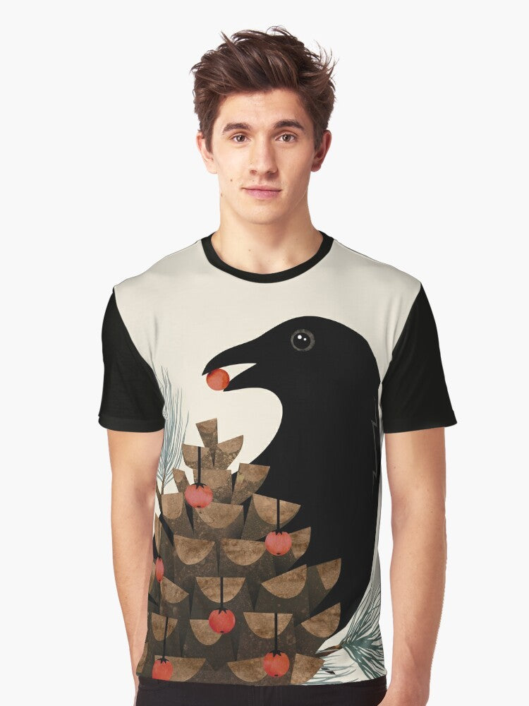 Elegant watercolor graphic t-shirt featuring a bird silhouette design with pine branches and berries, perfect for winter and nature lovers. - Men