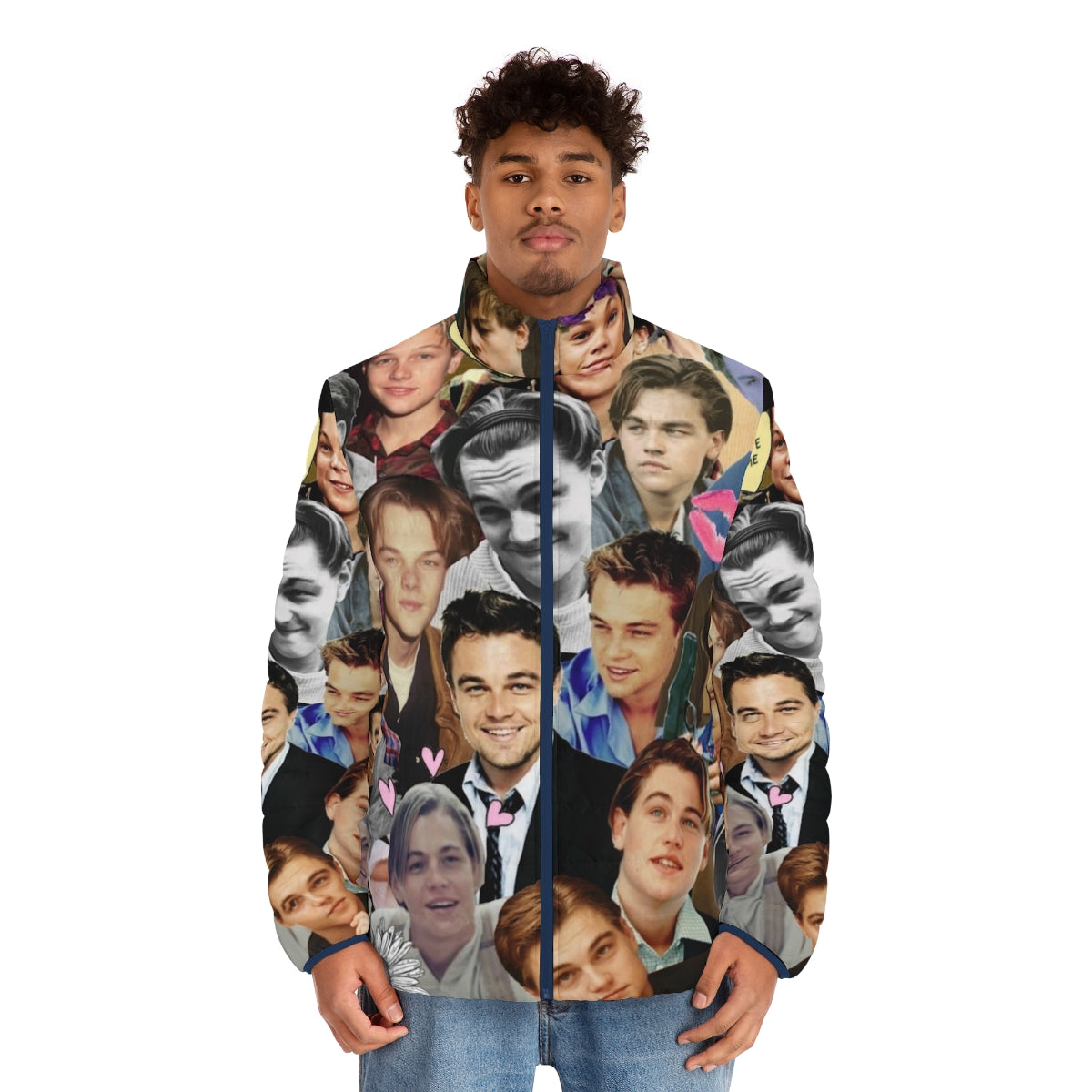 Leonardo DiCaprio collage print on a puffer jacket, featuring the actor in various movie scenes and poses. - men front