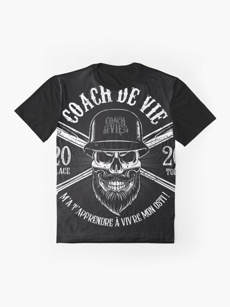 Life Coach Biker T-Shirt with text "Teach me how to live my osti!" - Flat lay