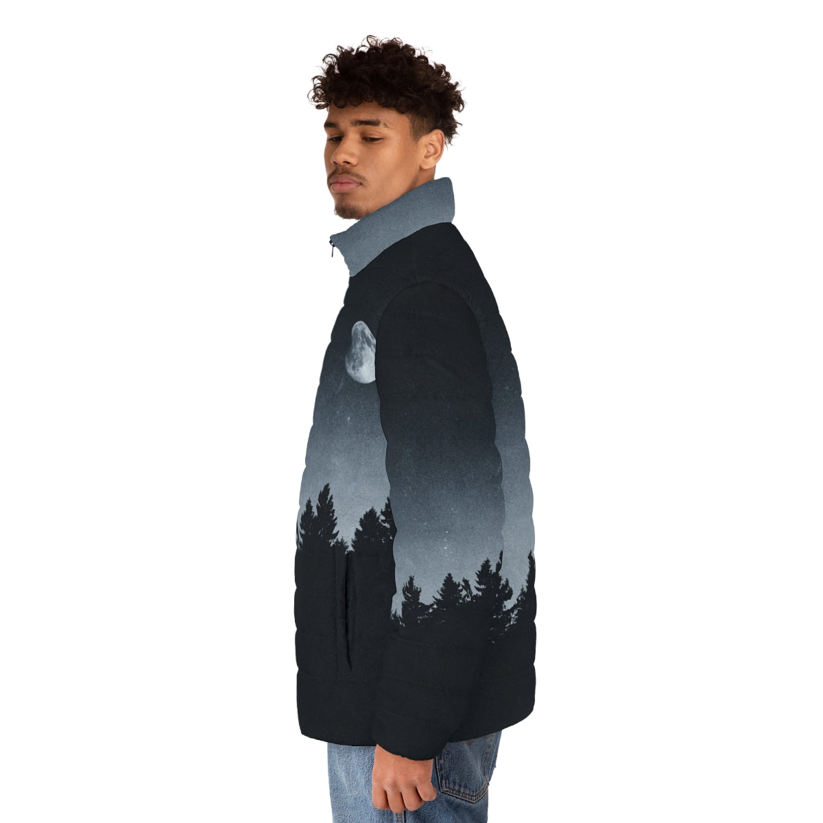 Under Moonlight Puffer Jacket with nature landscape and night sky - men side left