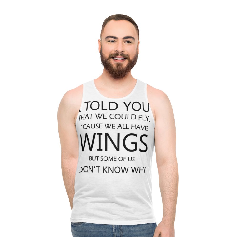 Unisex retro-style tank top with "Never Tear Us Apart" music quote - men