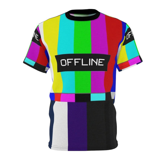 Retro analog offline TV test pattern t-shirt with bold colorful stripes and vintage vaporwave style