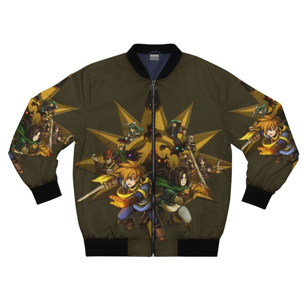 Golden Sun-inspired bomber jacket with characters and Djinn imagery