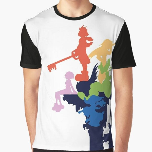 Kingdom Hearts Disney Graphic T-Shirt with Stylized Cover Art Featuring Sora, Riku, Kairi, Donald, and Goofy