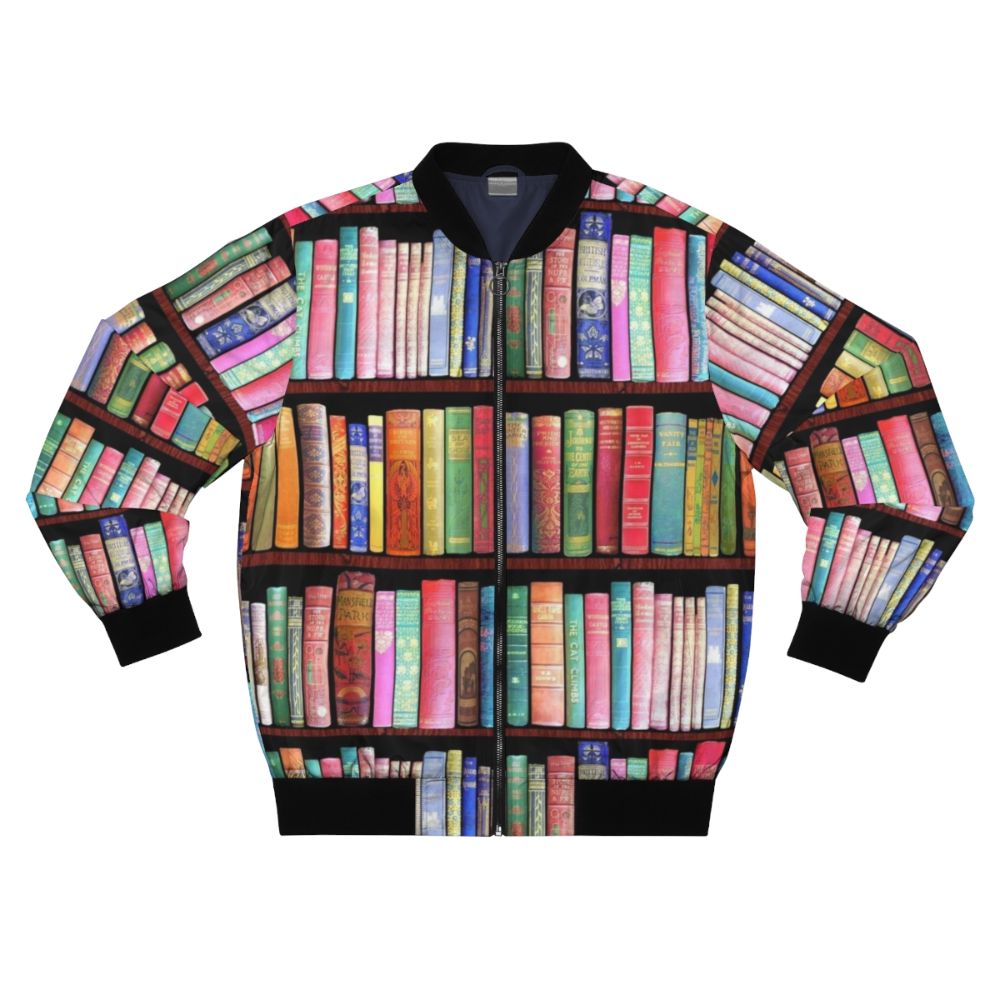 Vintage book lover's bomber jacket featuring a retro bookshelf and bookworm design