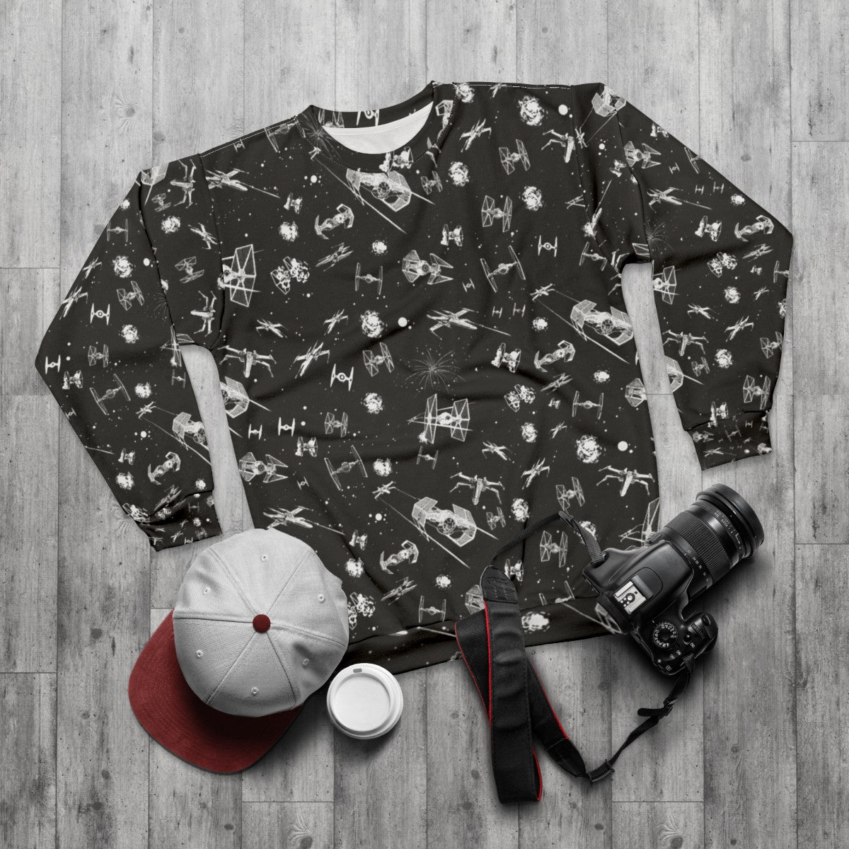 Cosmic Spaceship Battle Sweatshirt featuring space battle scene with spaceships - flat lay