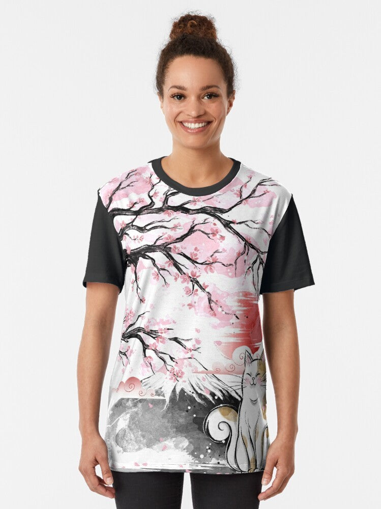 Sakura cat graphic print t-shirt with cherry blossom design - Women