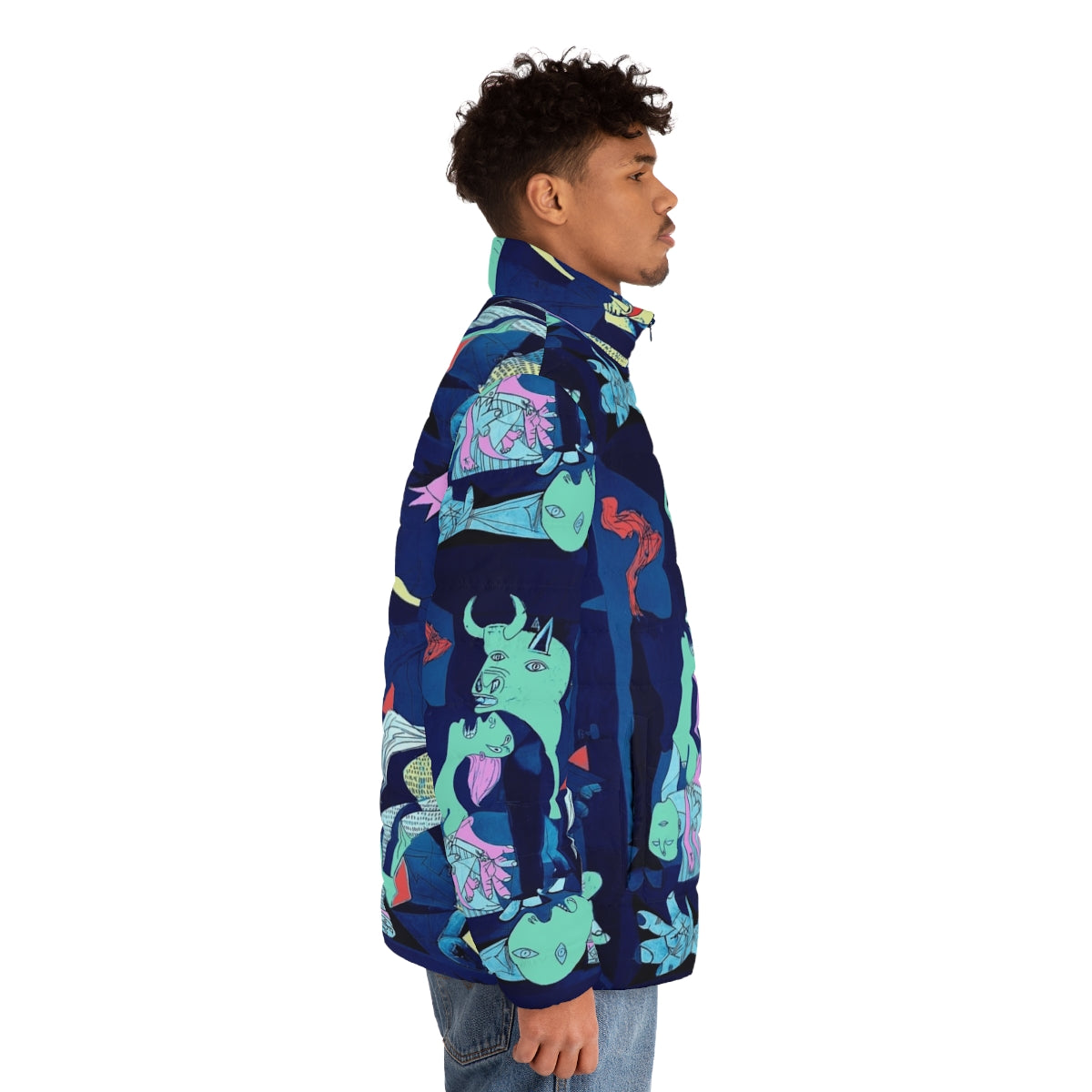 Guernica inspired puffer jacket featuring Pablo Picasso's iconic war art - men side right