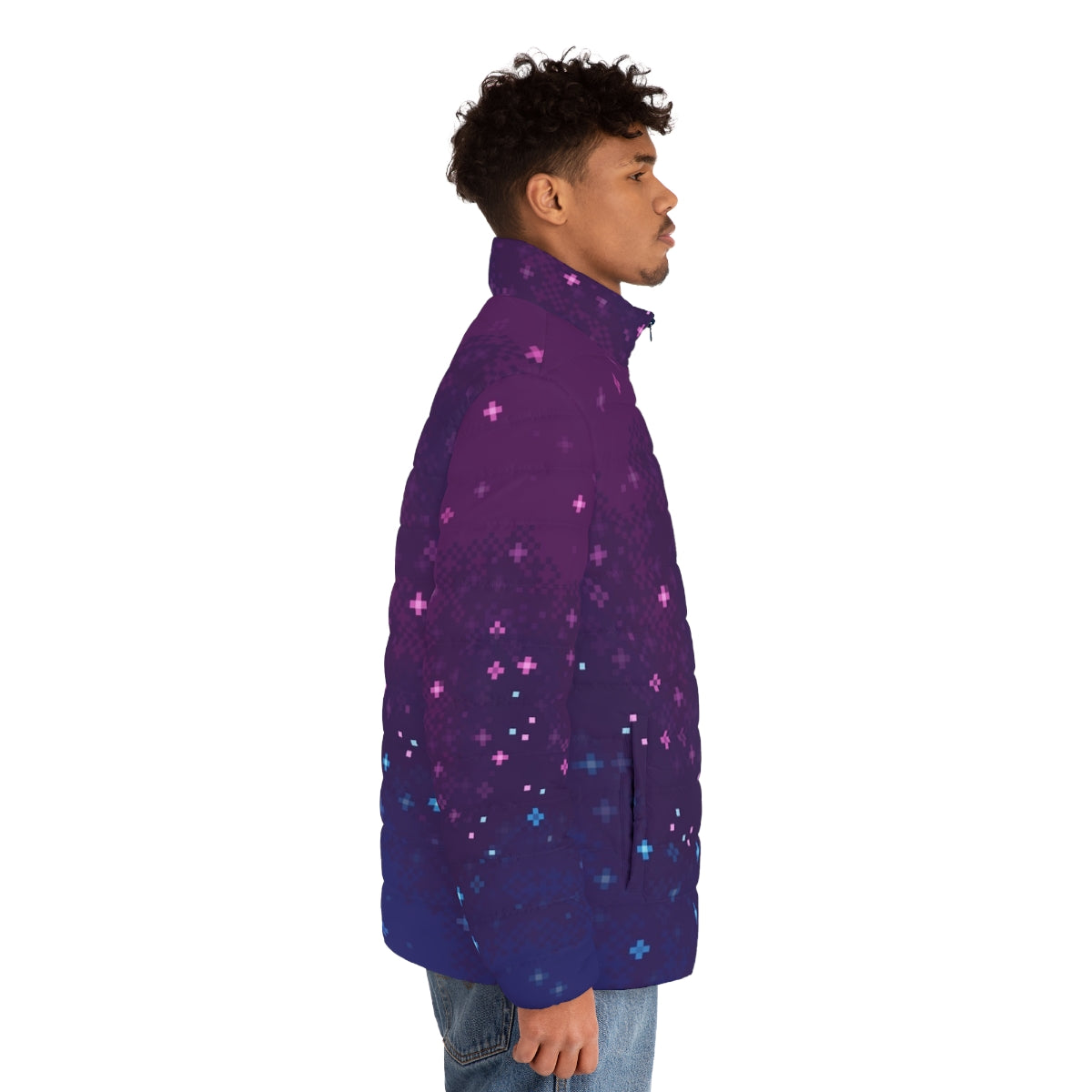 Bi Pride Galactic 8-Bit Puffer Jacket featuring a vibrant pixel art design of the bisexual pride flag in a cosmic galaxy setting - men side right