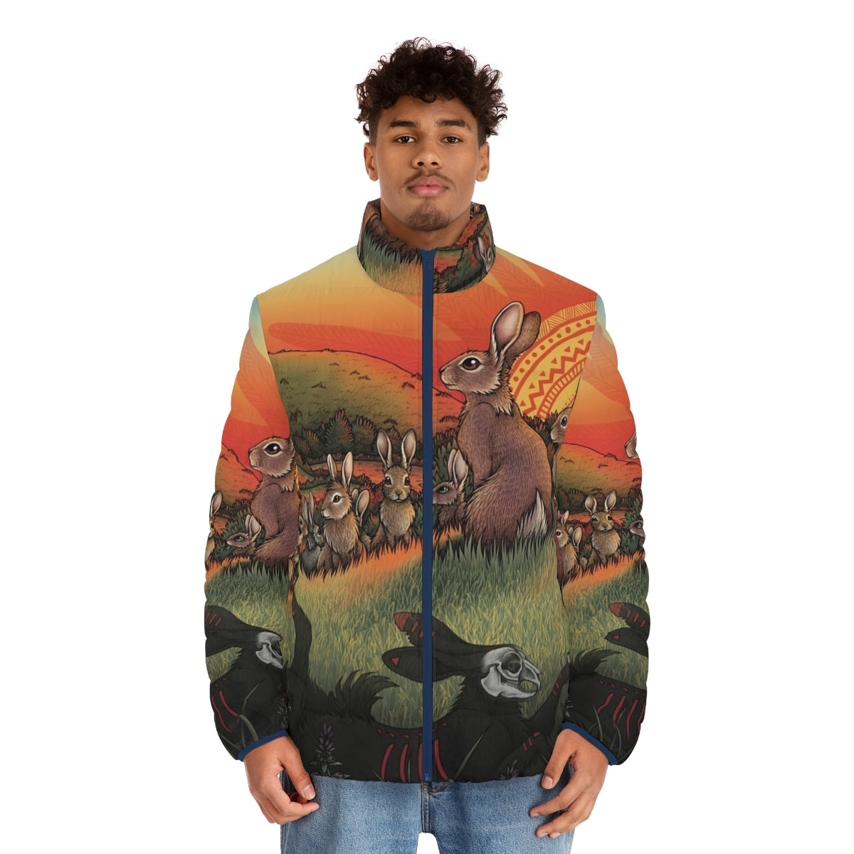 Watership Down inspired puffer jacket with rabbit and nature imagery - men front