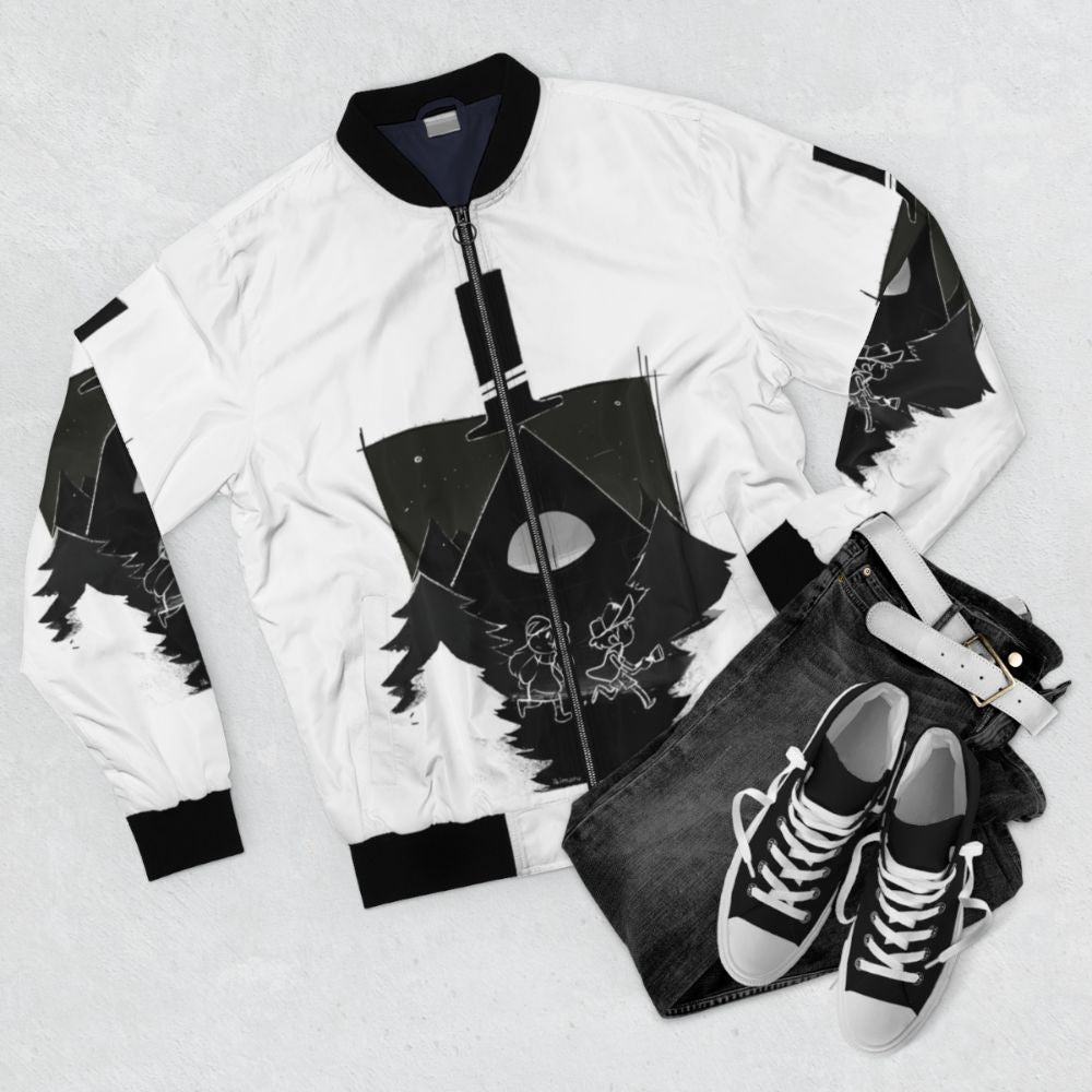 A stylish black and white bomber jacket featuring Dipper, Mabel, and Bill Cipher from the popular TV show Gravity Falls. - Flat lay