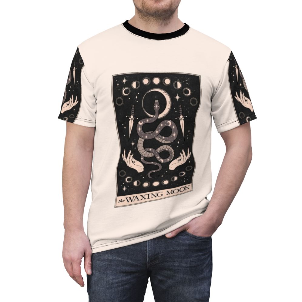 Mystic Waxing Moon T-Shirt featuring a waxing moon phase design and astrological elements - men front