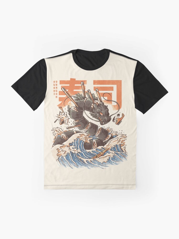 Illustration of an angry, orange dragon devouring sushi amid a Japanese-inspired wave pattern - Flat lay