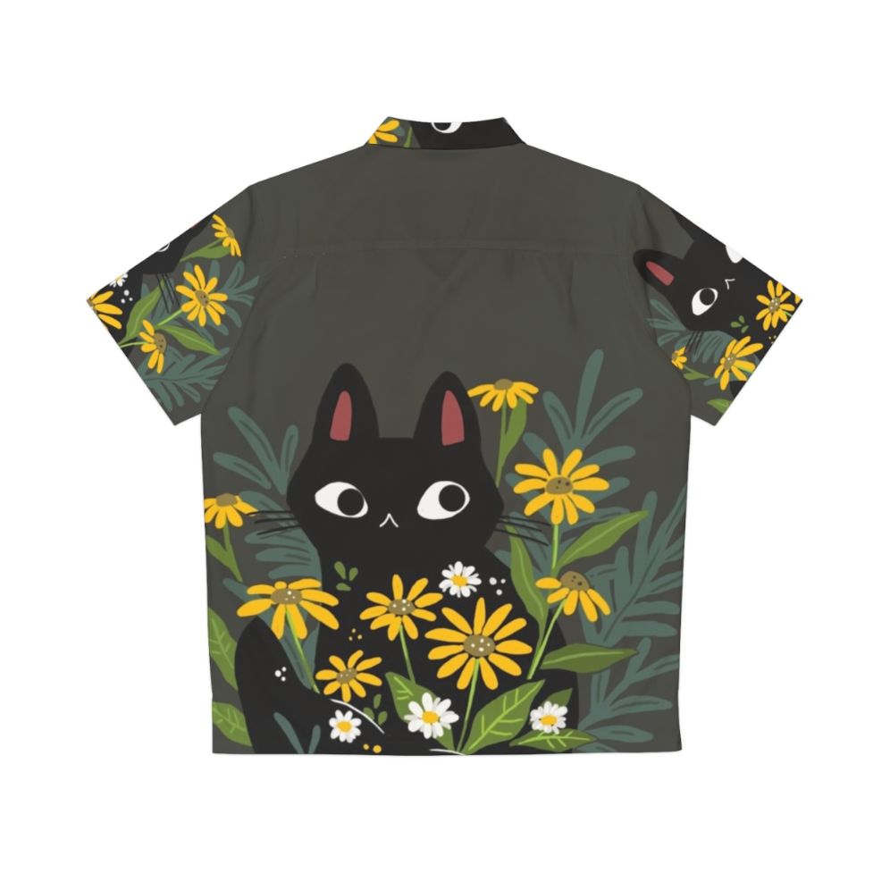 Black cat with yellow flowers on a tropical hawaiian shirt - Back