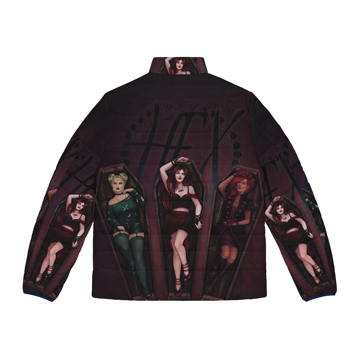 Three gothic sisters wearing a dark, spooky puffer jacket - Back