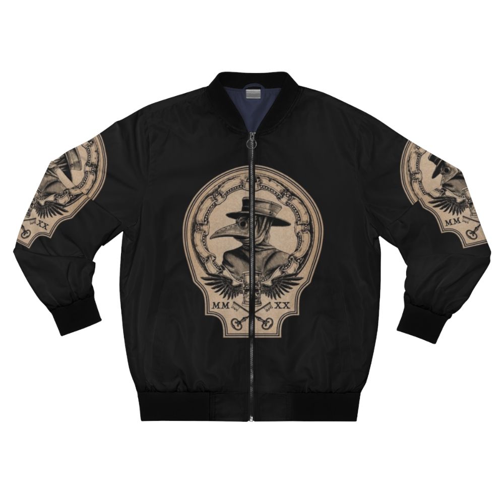 Vintage gothic plague doctor bomber jacket with raven, hourglass, and time motifs