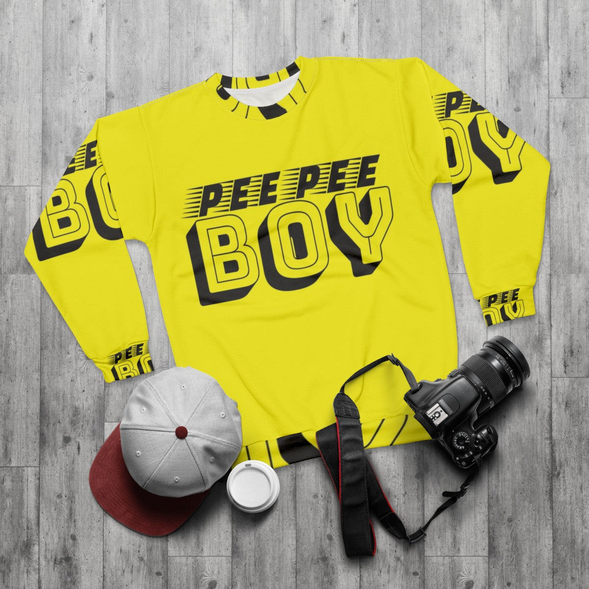 Pee Pee Boy graphic sweatshirt with slang, absurdist, and typographic humor design - flat lay