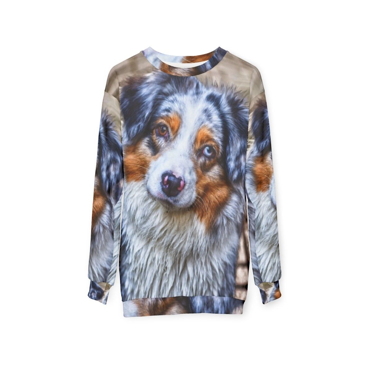 Australian Shepherd breed sweatshirt with blue merle and brown eye design - hanging