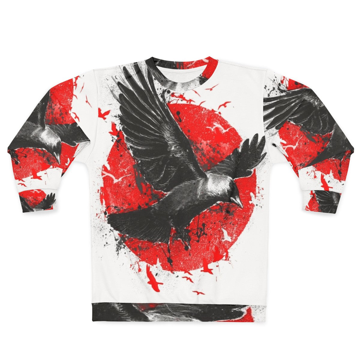 Unique red sweatshirt with bird and moon design