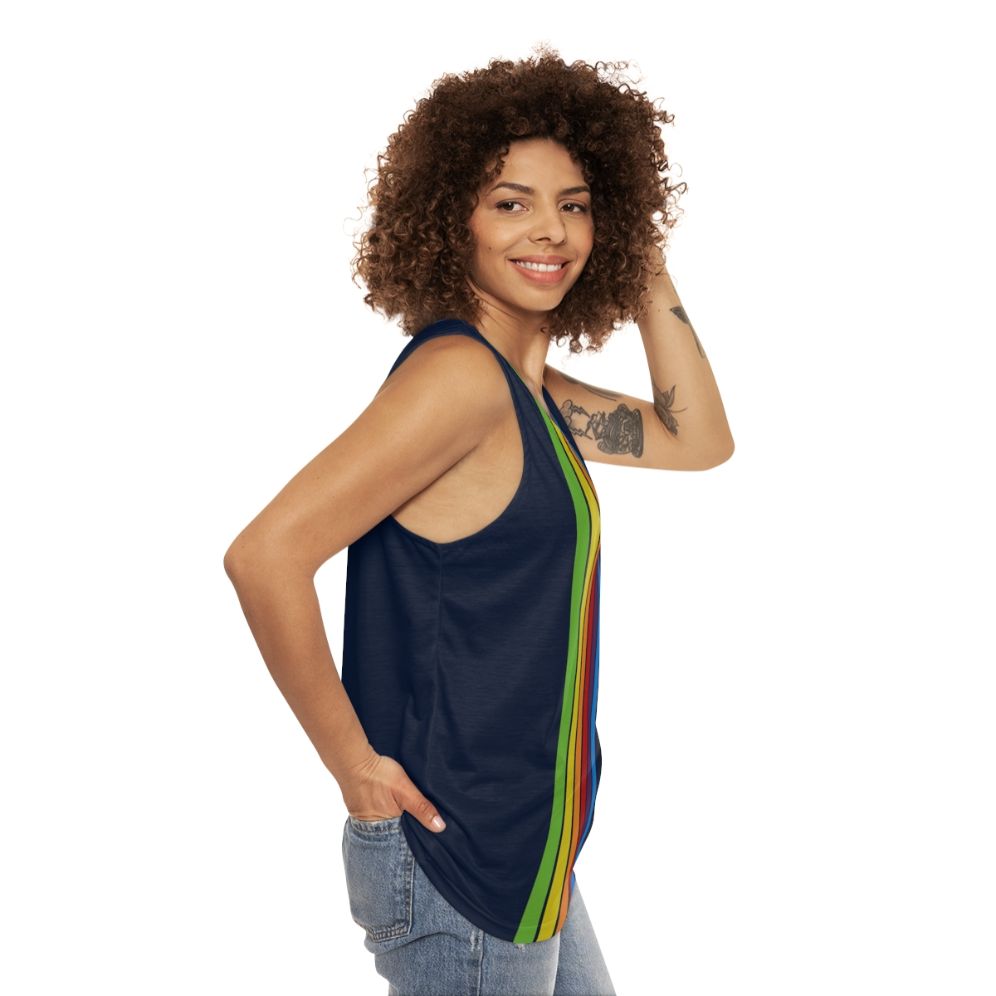 Unisex tank top in pacific blue with a minimalist retro design - women side