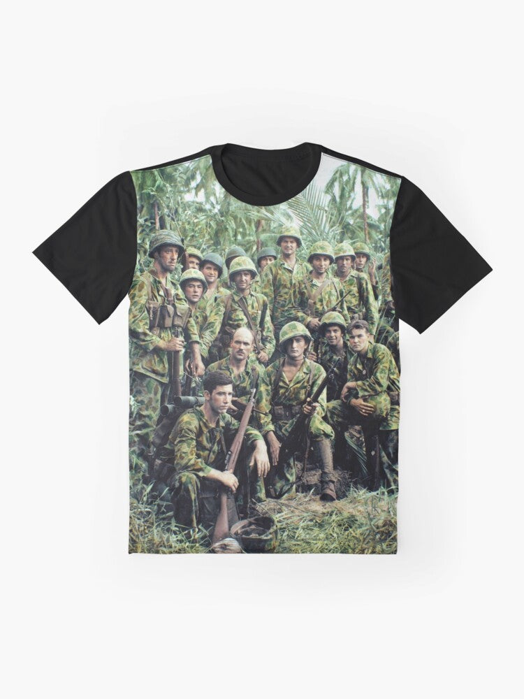 Vintage graphic t-shirt featuring World War II Marine Raiders during the Battle of Bougainville in the Solomon Islands. - Flat lay