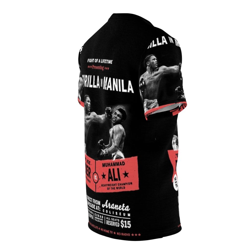 Retro-style t-shirt design inspired by the legendary "Thrilla in Manila" boxing match between Muhammad Ali and Joe Frazier - men right