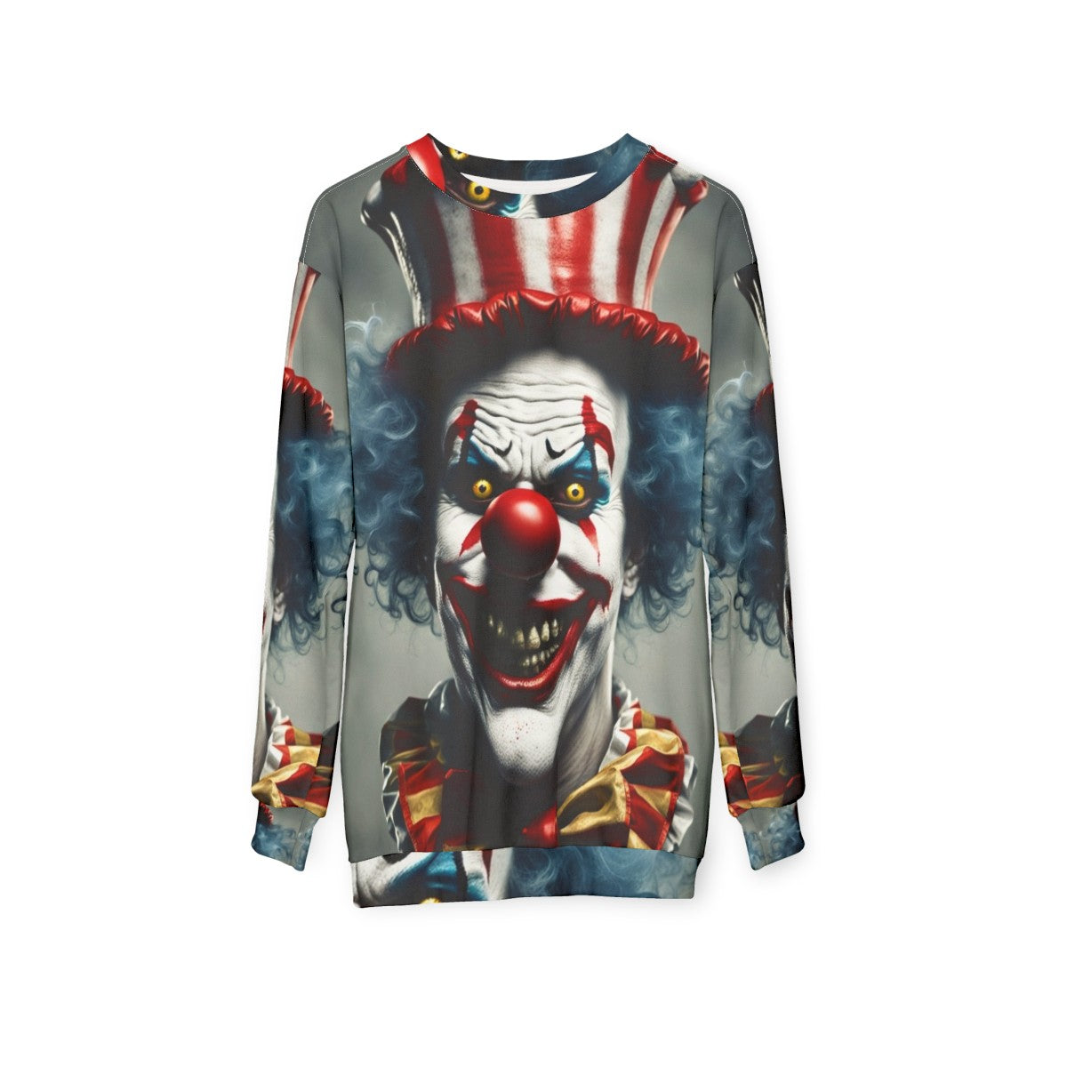 Creepy clown face on a black sweatshirt - hanging