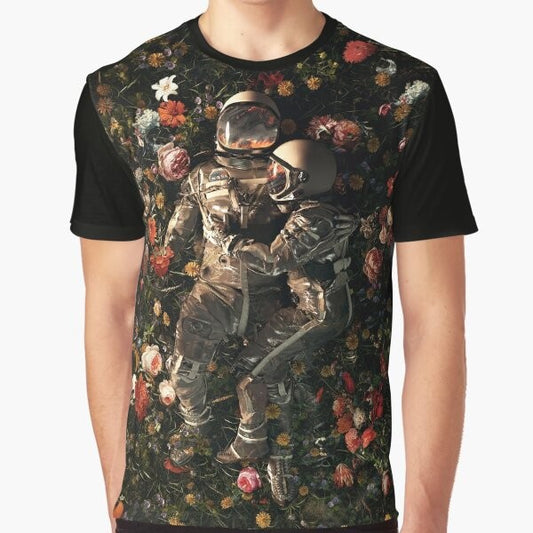 Surreal space-themed graphic t-shirt with floral and cosmic design elements