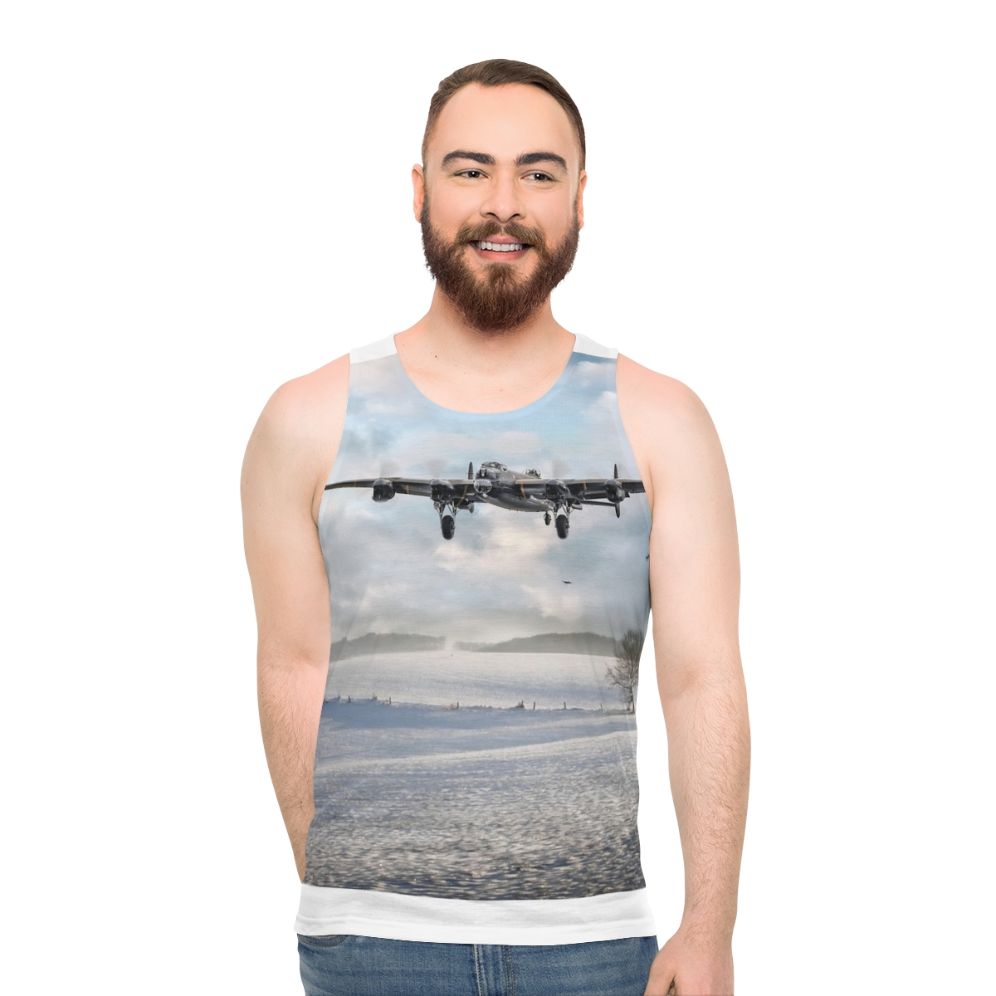 Unisex tank top featuring a Lancaster bomber in a snowy winter scene - men