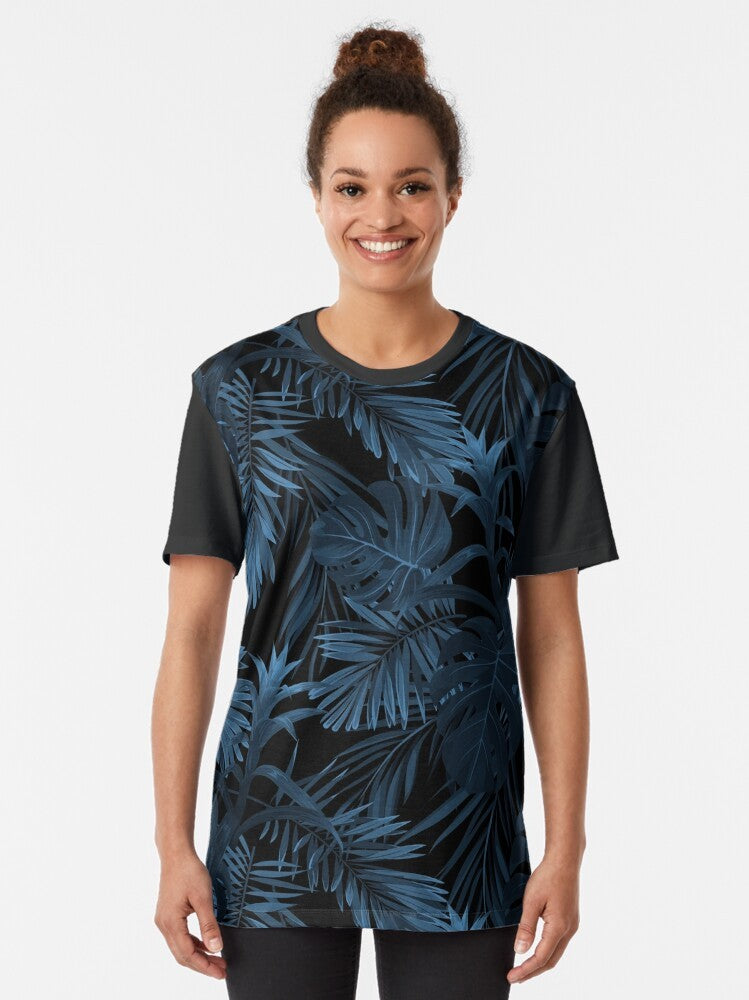 Tropical indigo dark graphic t-shirt with floral and leaf patterns - Women