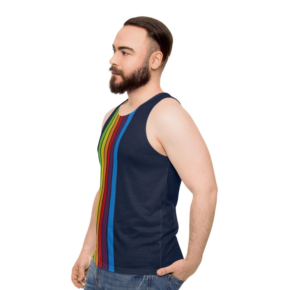 Unisex tank top in pacific blue with a minimalist retro design - men side