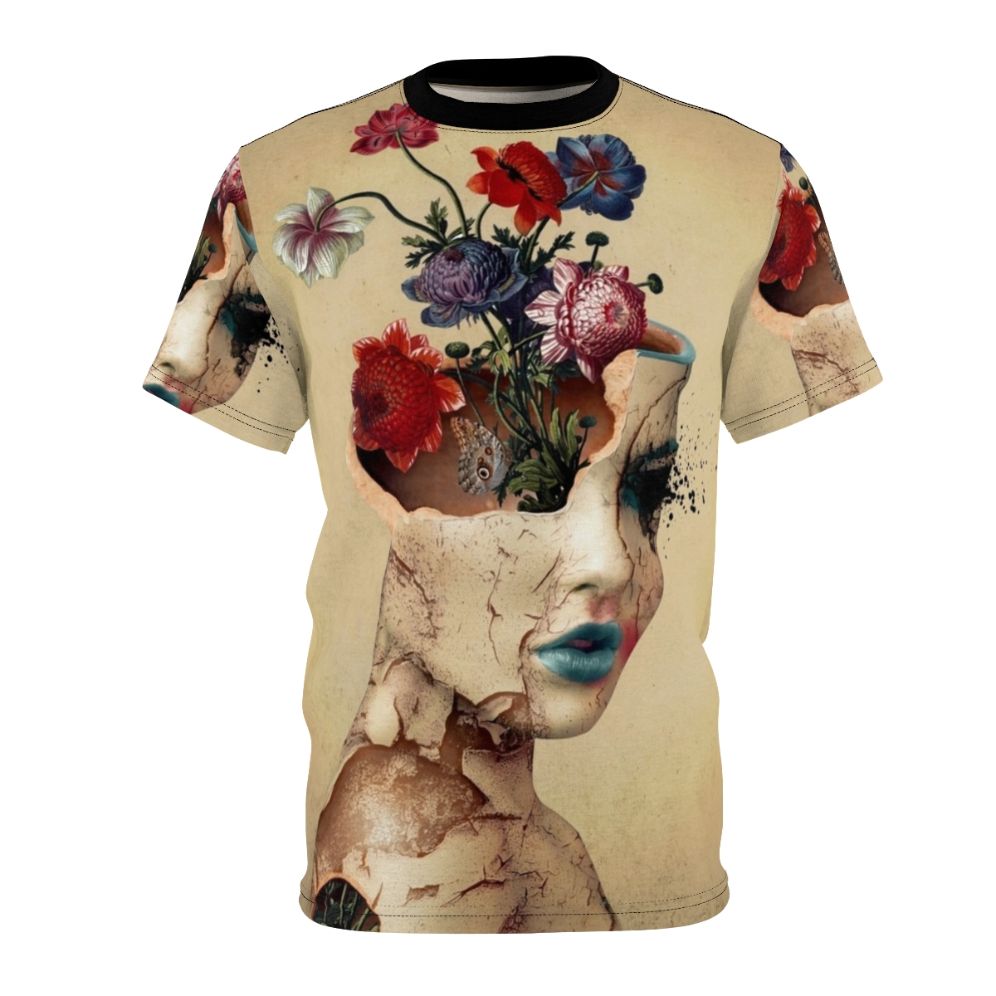 Vintage floral digital art design featuring a woman, flowers, and a butterfly on a t-shirt.