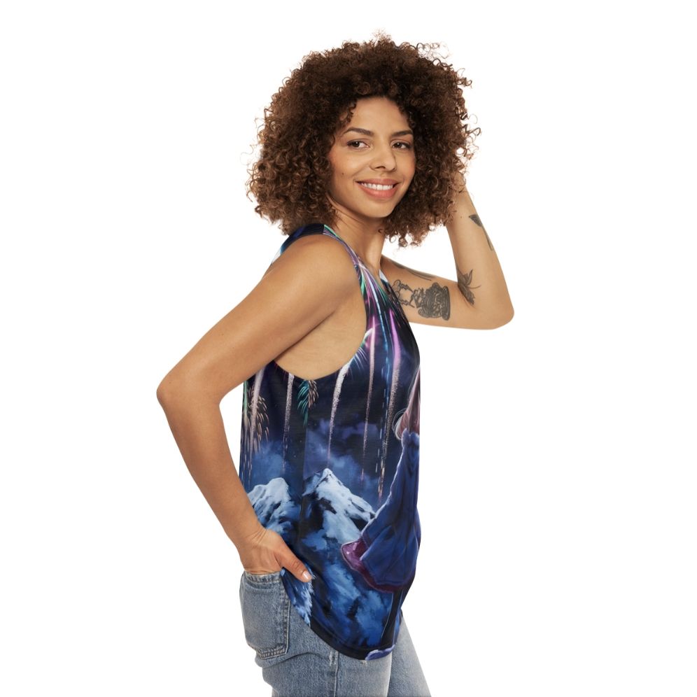 Anime unisex tank top with colorful fireworks and fantasy scenery - women side