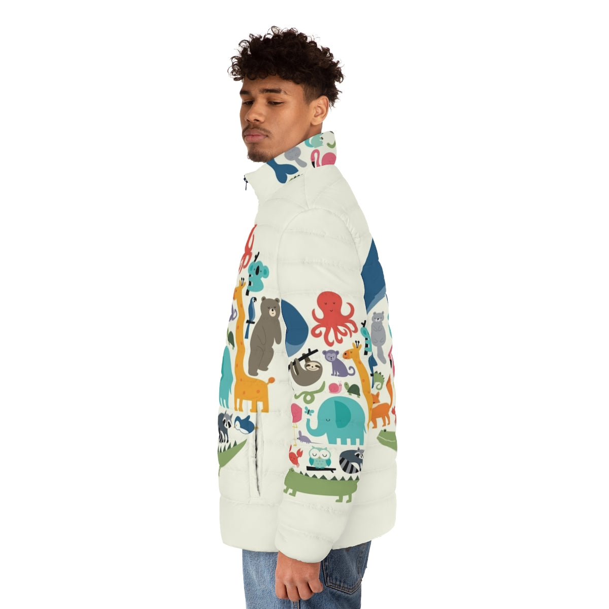 Model wearing the We Are One puffer jacket featuring various animal designs - men side left