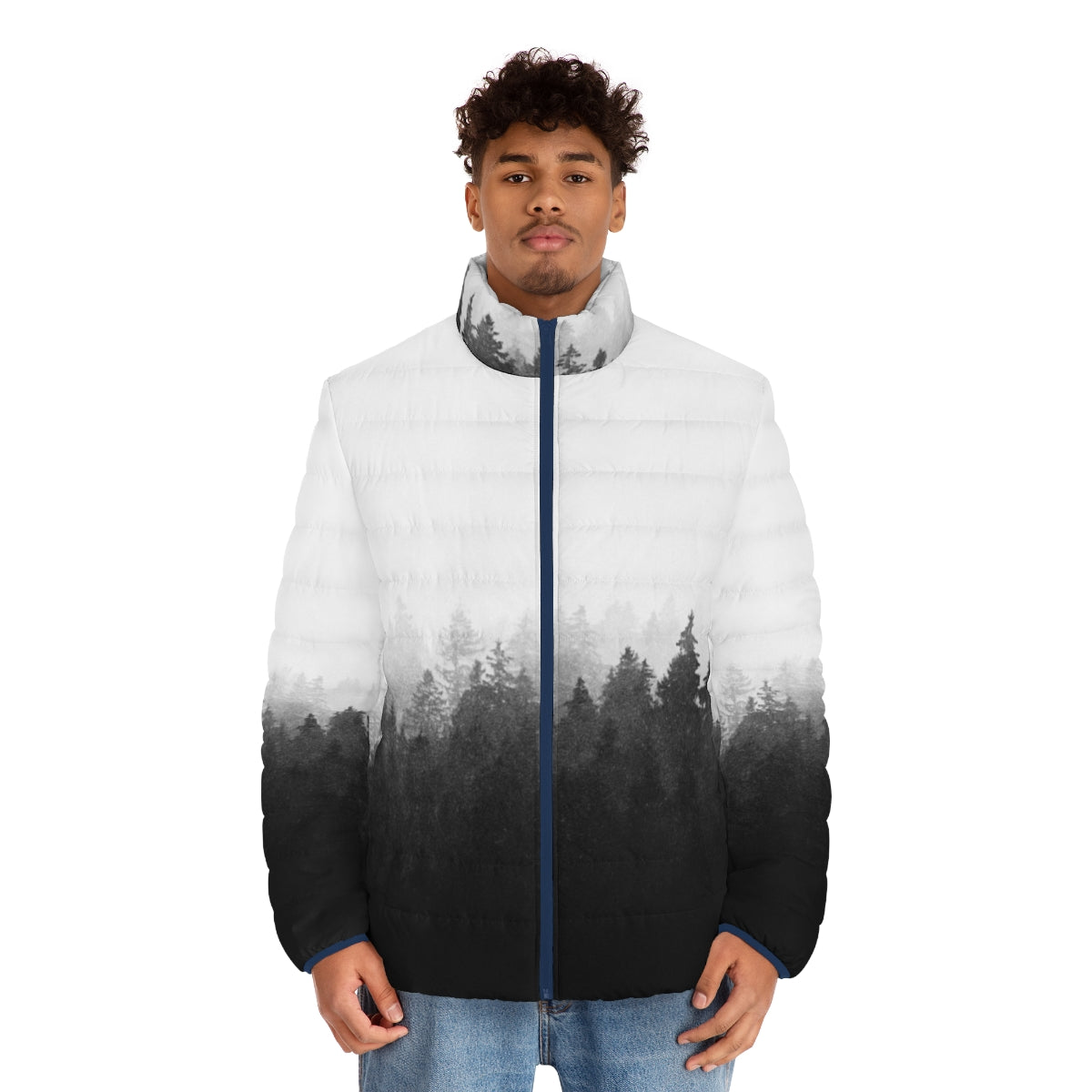 A person wearing a puffer jacket hiking through a misty forest - men front