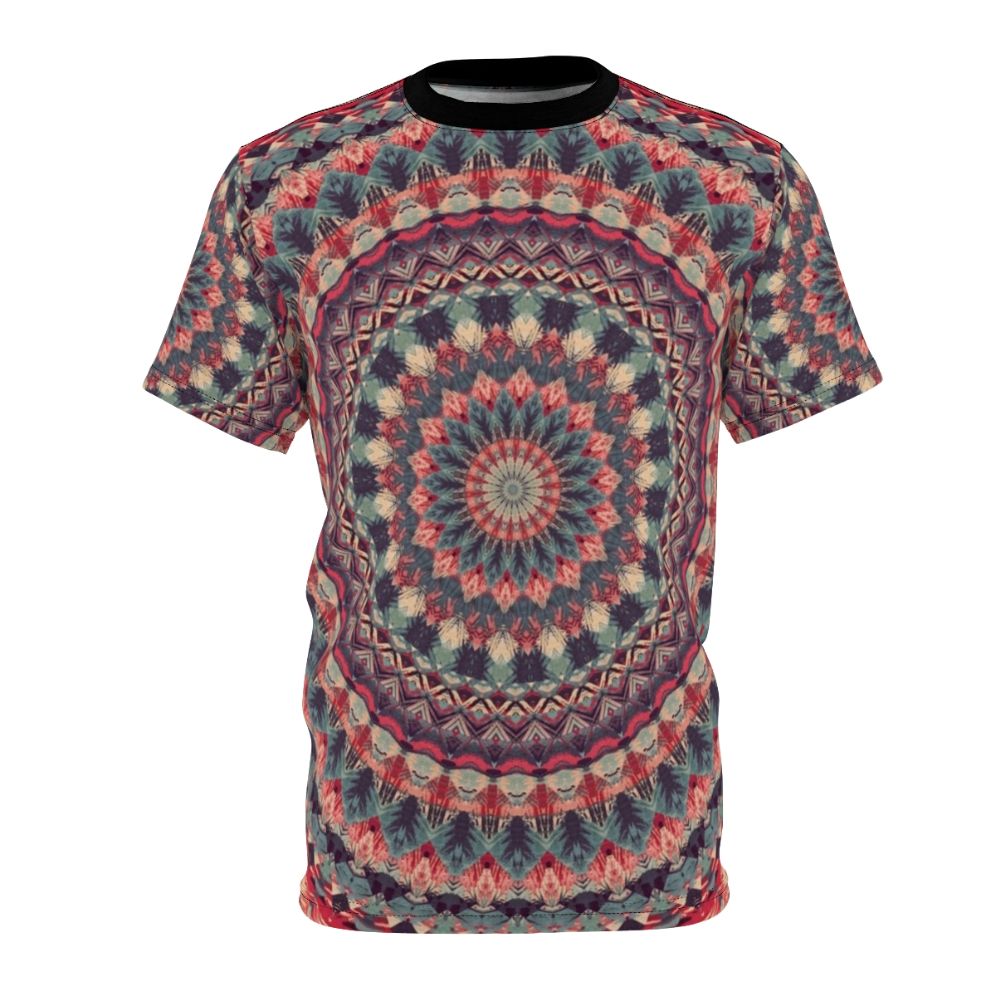 Colorful mandala t-shirt featuring sacred geometry patterns and nature-inspired designs