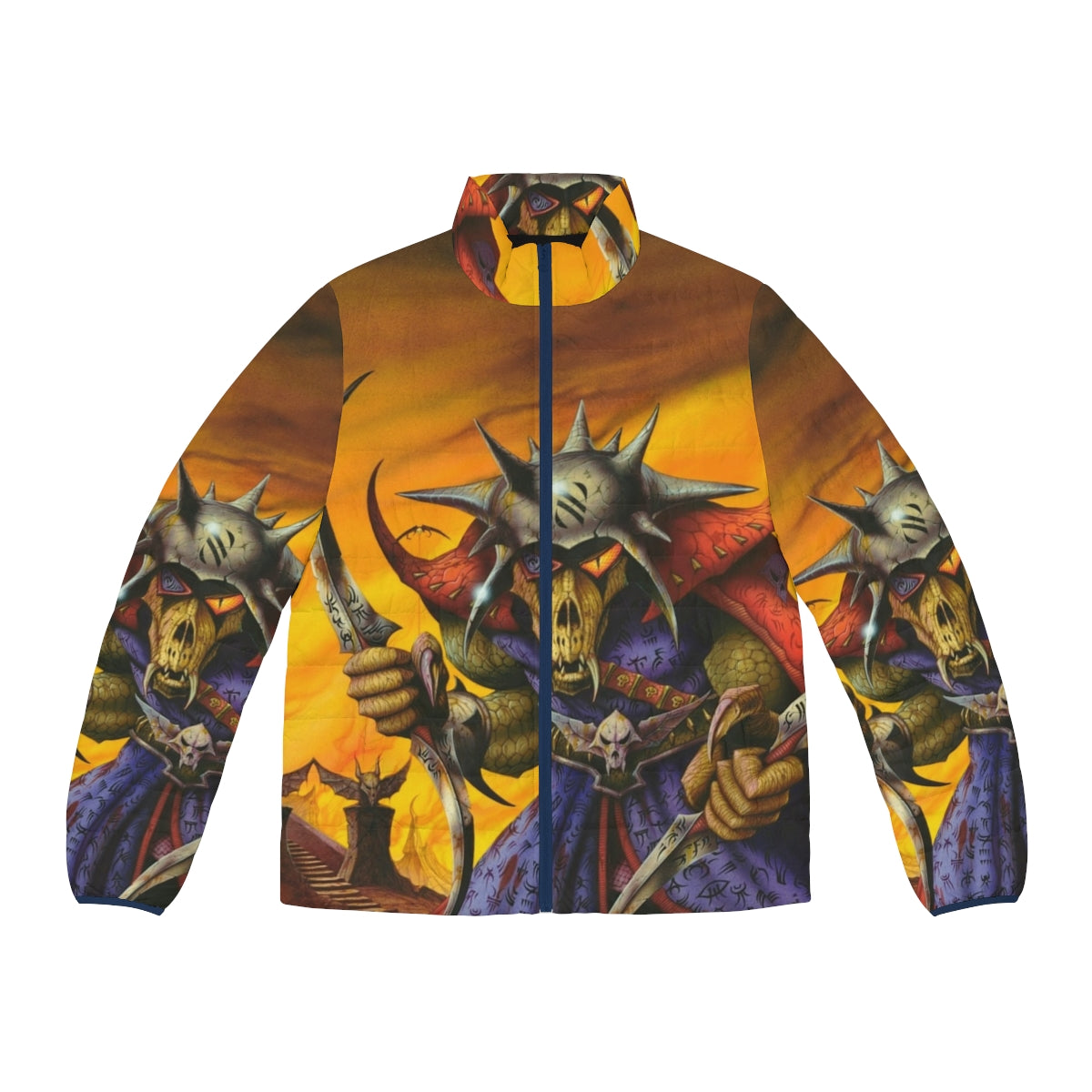 'No Means of Escape' heavy metal puffer jacket with gothic fantasy villain design featuring fire, orange, snakes, skulls, and bats