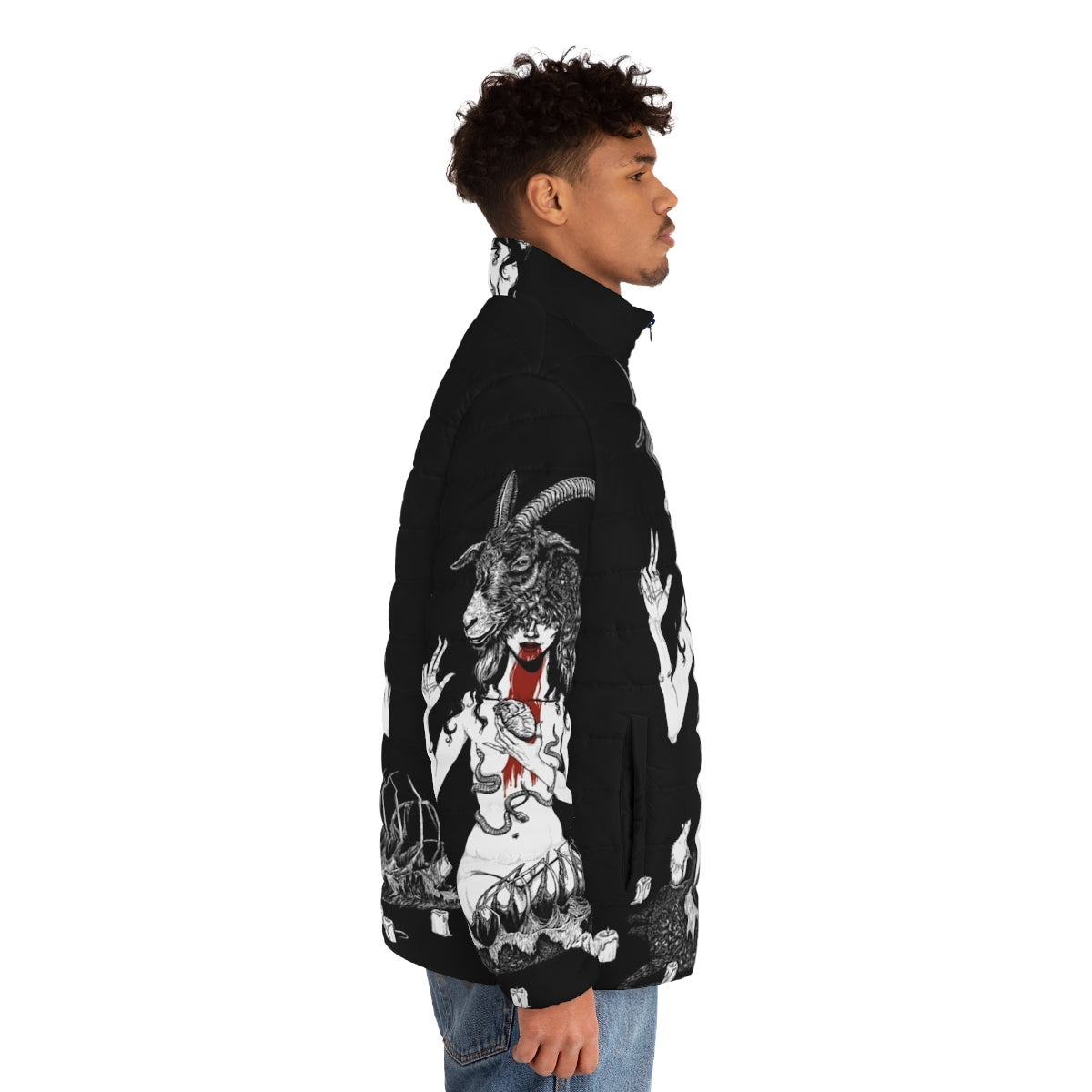 Satanic Baphomet puffer jacket with occult and horror design - men side right