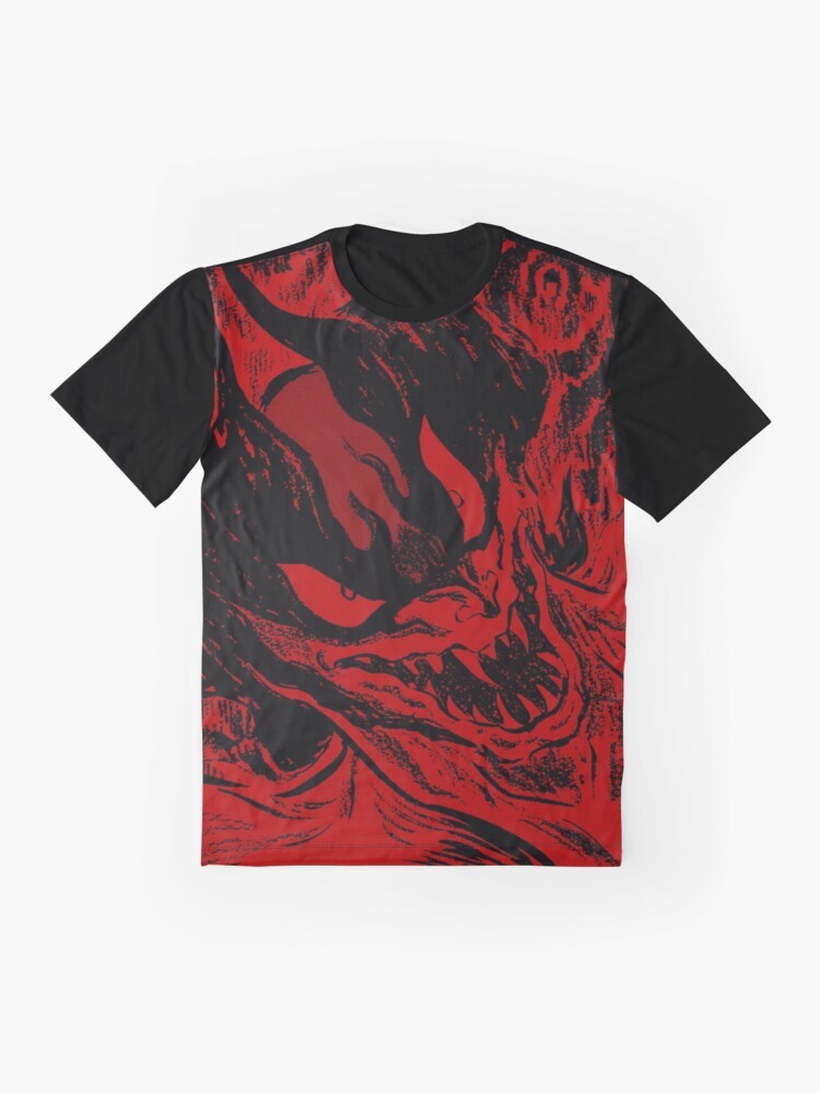 Devilman Crybaby anime graphic t-shirt with red and black devil-like figure - Flat lay