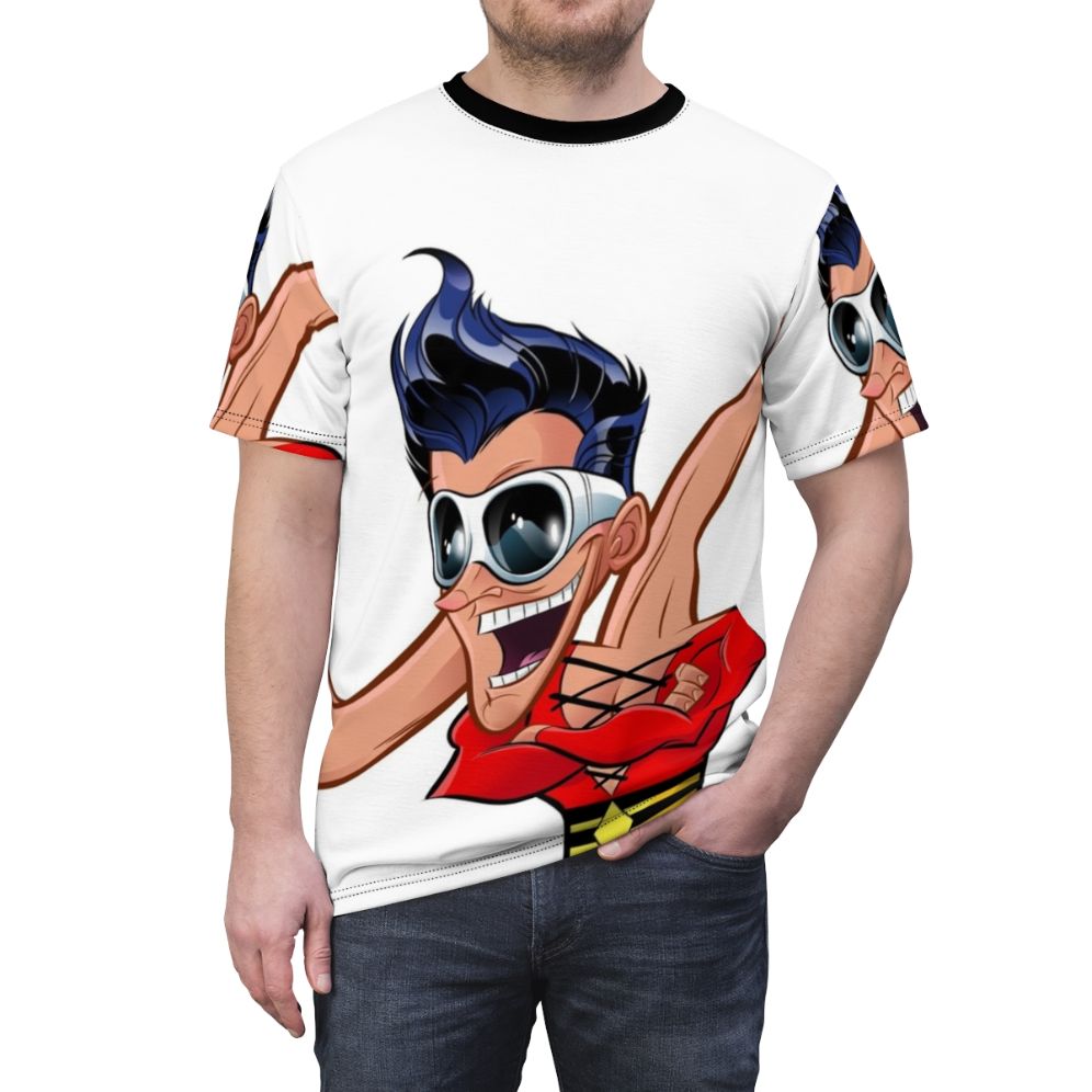 Plastic Man inspired t-shirt with superhero graphic design - men front