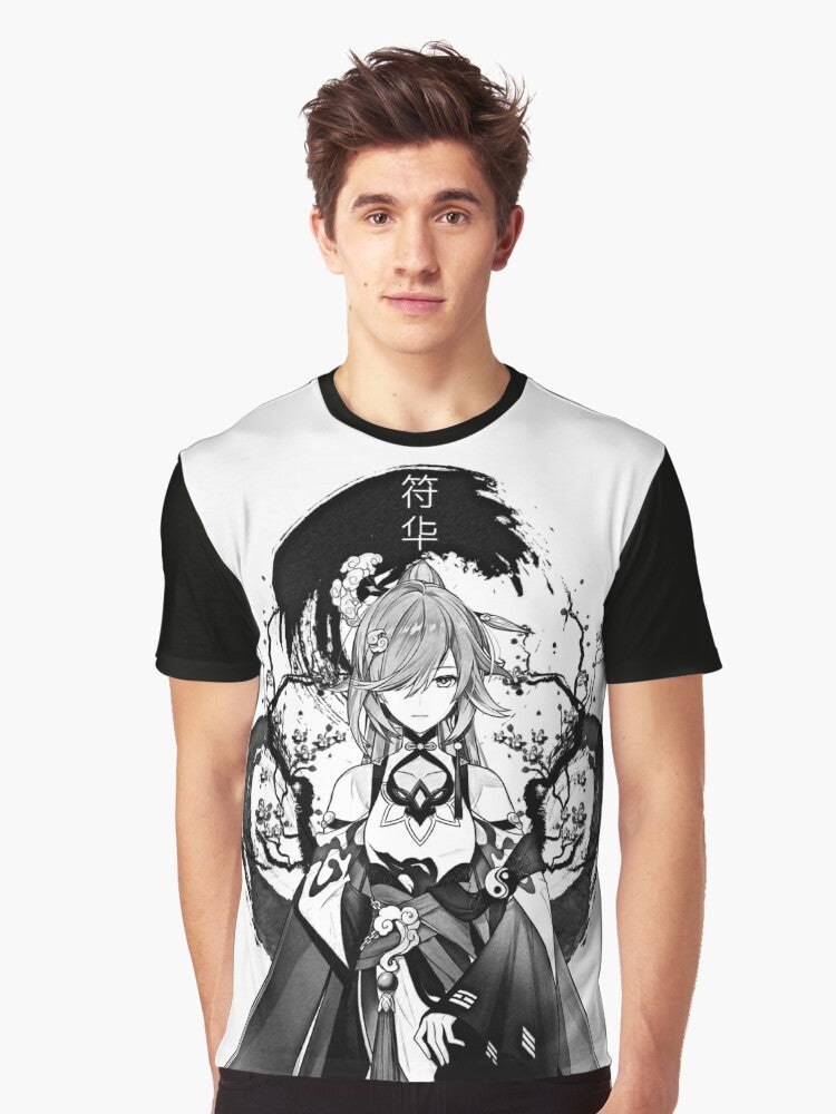 Anime-inspired fantasy graphic t-shirt featuring Honkai Impact and Genshin Impact inspired designs with pencil sketches, ink splatters, and monochrome elements. - Men