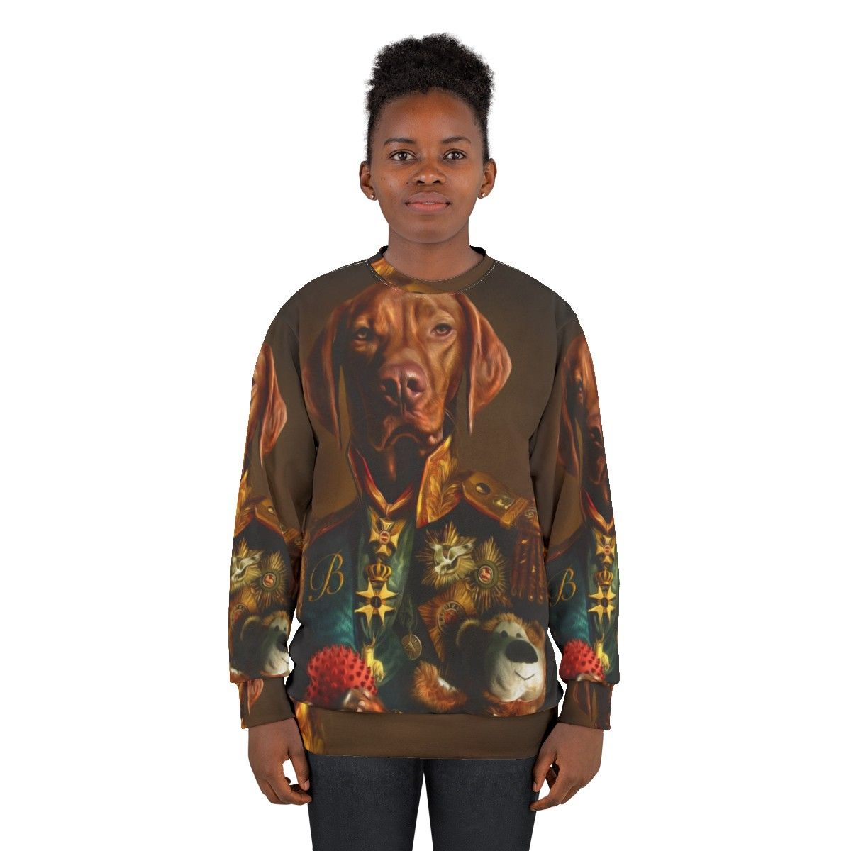 Hungarian Vizsla dog wearing a sweatshirt with a portrait of itself - women