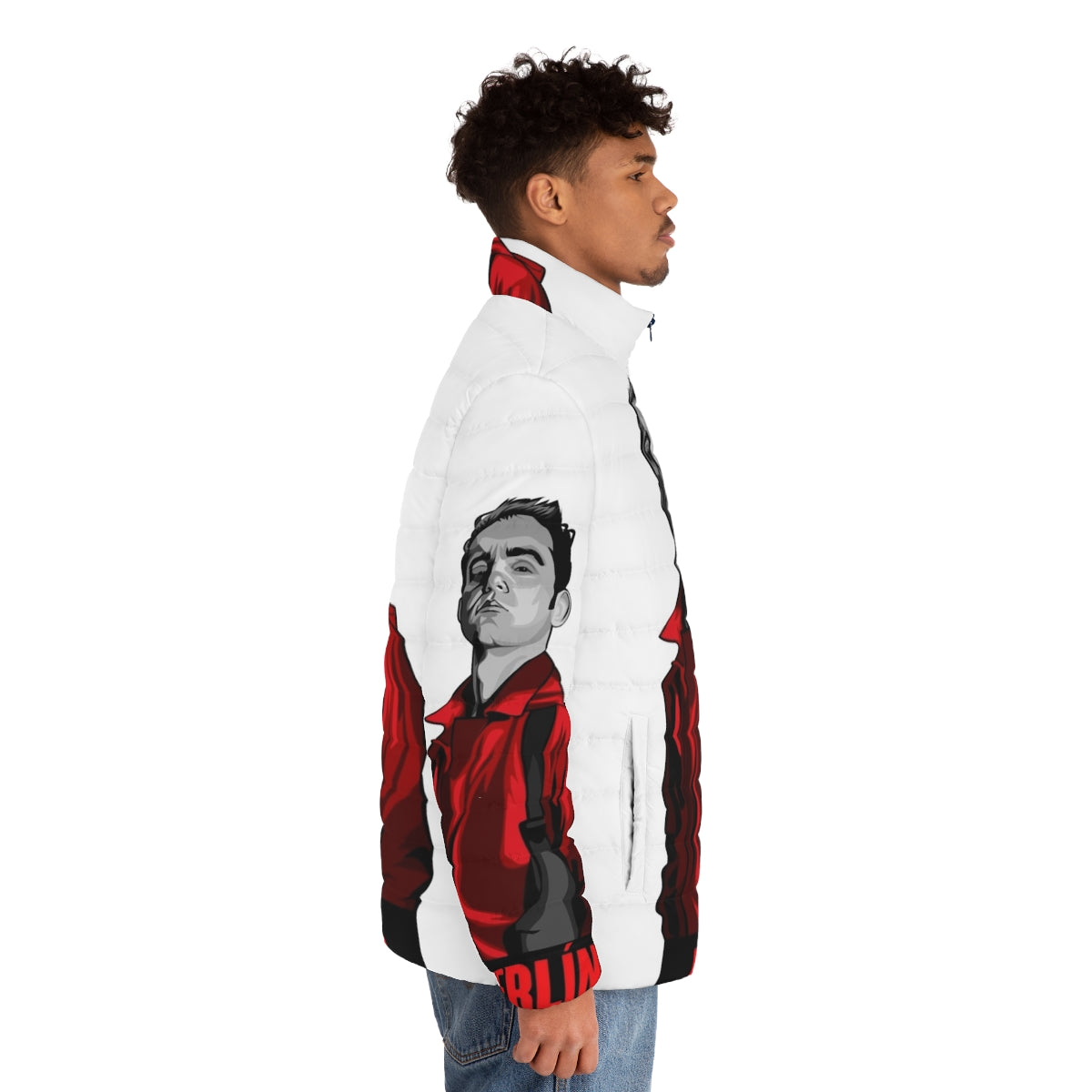 Berlin's Money Heist Puffer Jacket featuring iconic design elements from the show - men side right