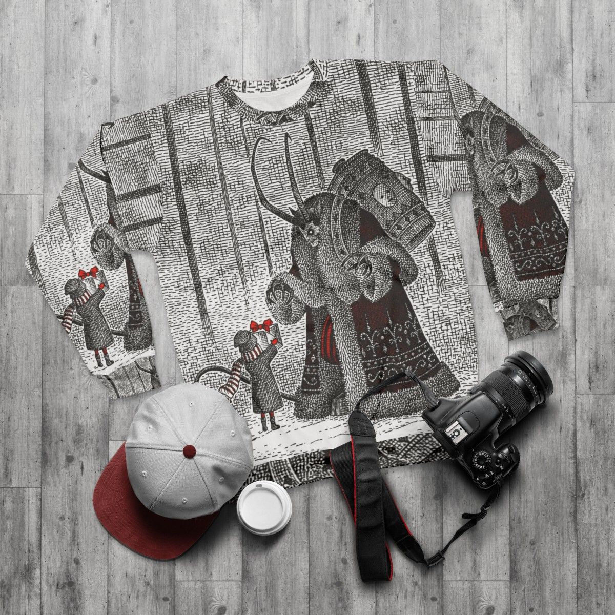 Vintage Krampus Sweatshirt featuring a mythical horror holiday character - flat lay