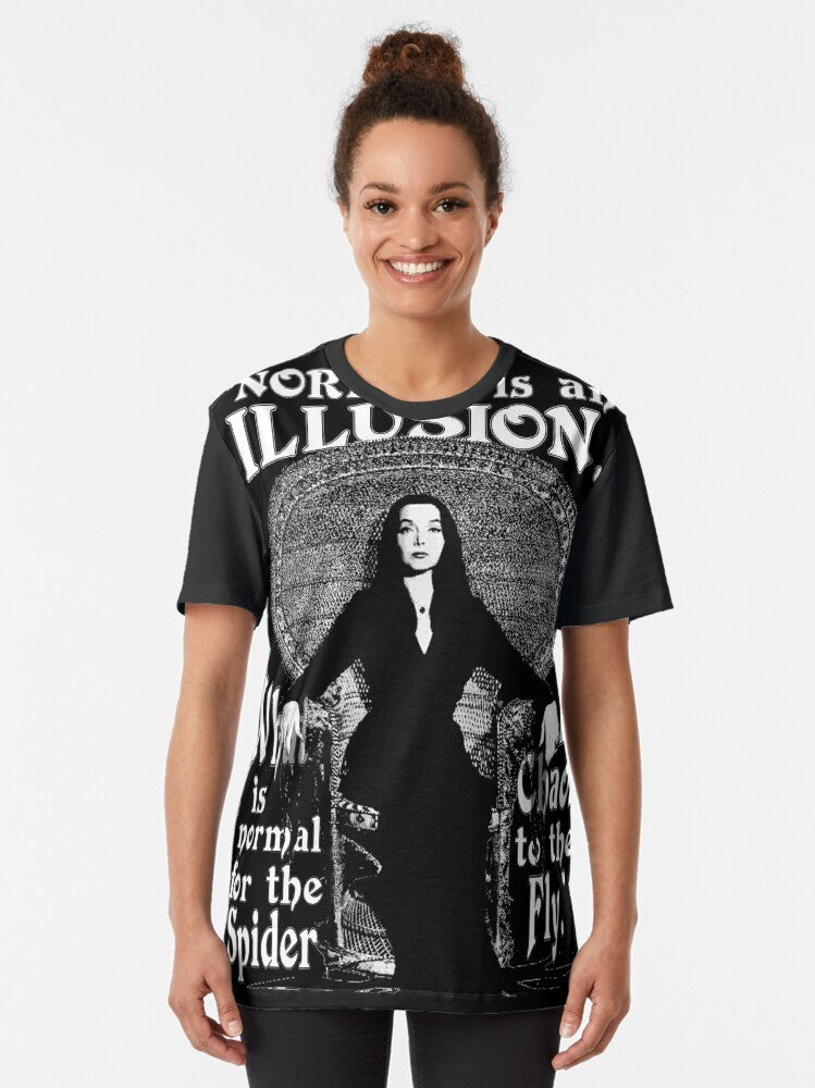 Morticia Addams graphic t-shirt with quote "Normal Is An Illusion..." - Women