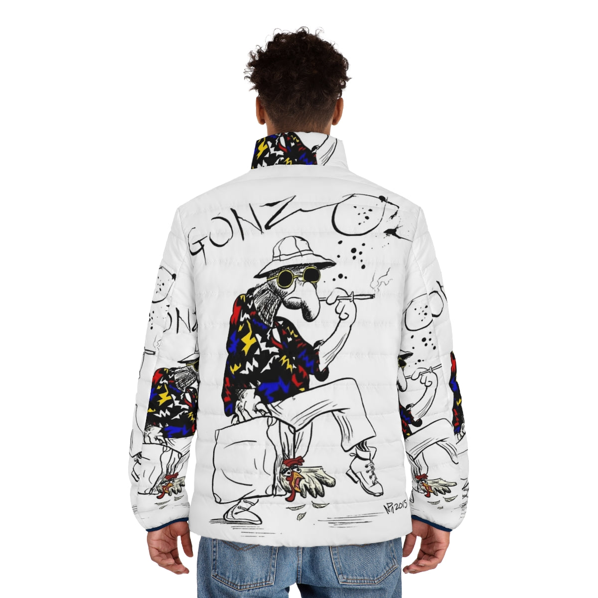 Gonzo Fear and Loathing in Las Vegas inspired puffer jacket with psychedelic pop art design - men back