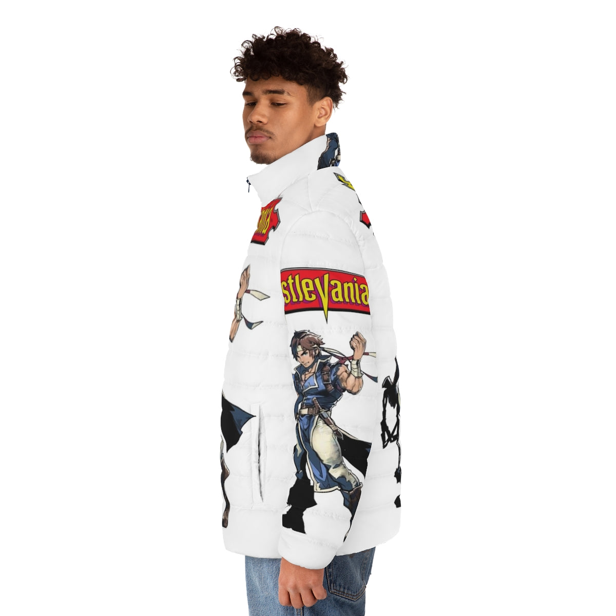 Castlevania inspired puffer jacket featuring characters like Alucard, Trevor Belmont, and Sypha Belnades - men side left