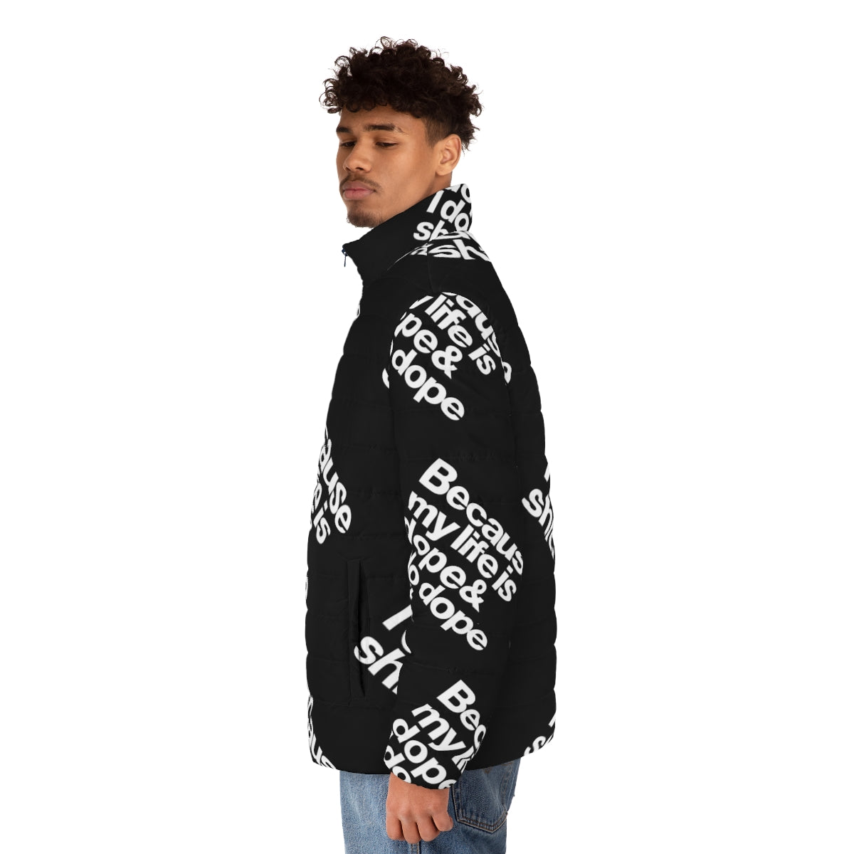 Kanye West inspired puffer jacket with "My Life is Dope" quote - men side left