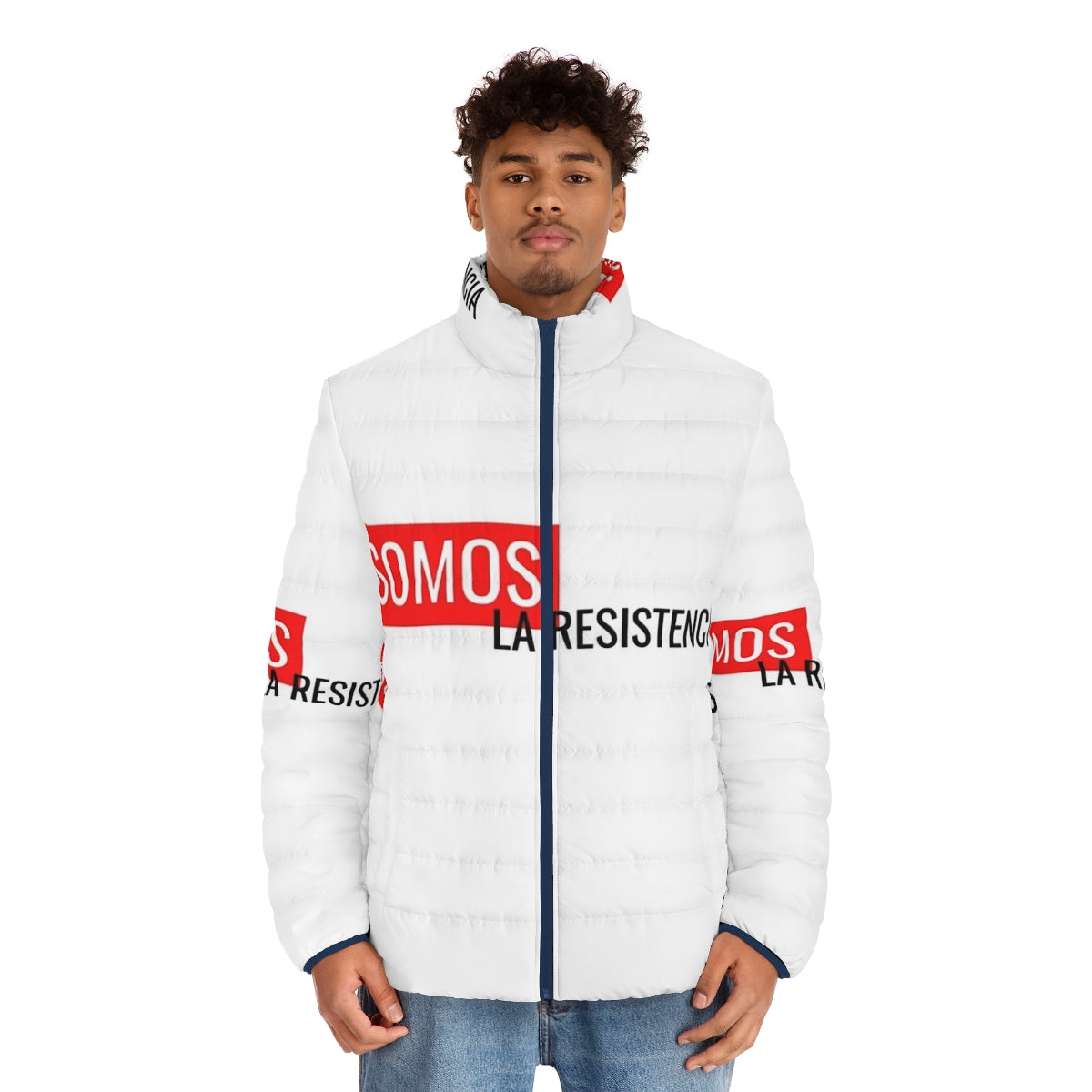 Money Heist Puffer Jacket featuring 'We Are The Resistance' design - men front